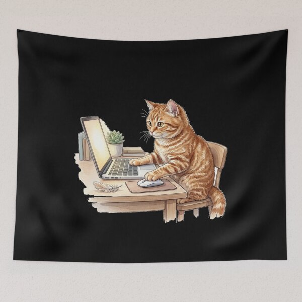 Item preview, Cute Cat Working at Computer Laptop Illustration designed and sold by Wild Horizon Studio.