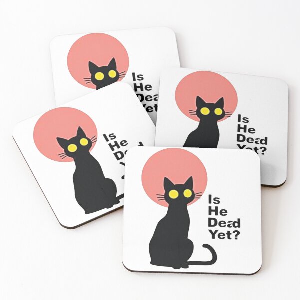 Item preview, Black cat Is He Dead Yet? with red sun background designed and sold by Prints by Mat.