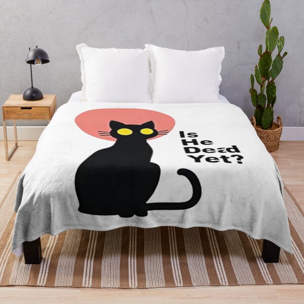 Item preview, Black cat Is He Dead Yet? with red sun background designed and sold by Prints by Mat.