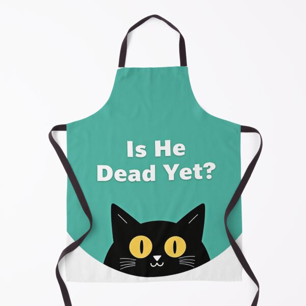 Item preview, Black cat Is He Dead Yet? on teal background designed and sold by Prints by Mat.
