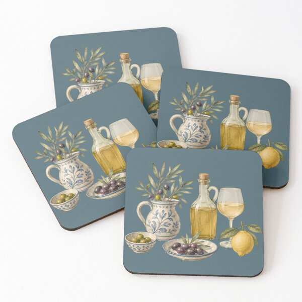 Item preview, Mediterranean Still Life Watercolor with Olive Oil White Wine and Lemon designed and sold by BeataPrint.