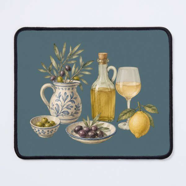 Item preview, Mediterranean Still Life Watercolor with Olive Oil White Wine and Lemon designed and sold by BeataPrint.