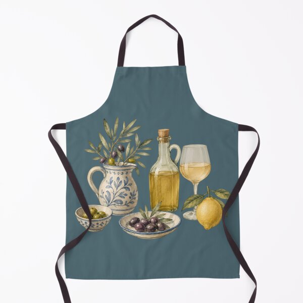 Item preview, Mediterranean Still Life Watercolor with Olive Oil White Wine and Lemon designed and sold by BeataPrint.