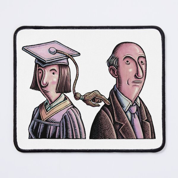 Item preview, the tassel on the graduation mortarboard of a young woman forms a hand shape and taps an older man on the shoulder to get his attention. designed and sold by LisaHaney.