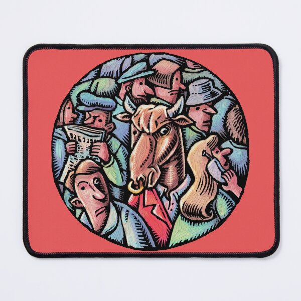 Item preview, A frustrated bull in a red business suit looks angry, surrounded by a crowd designed and sold by LisaHaney.