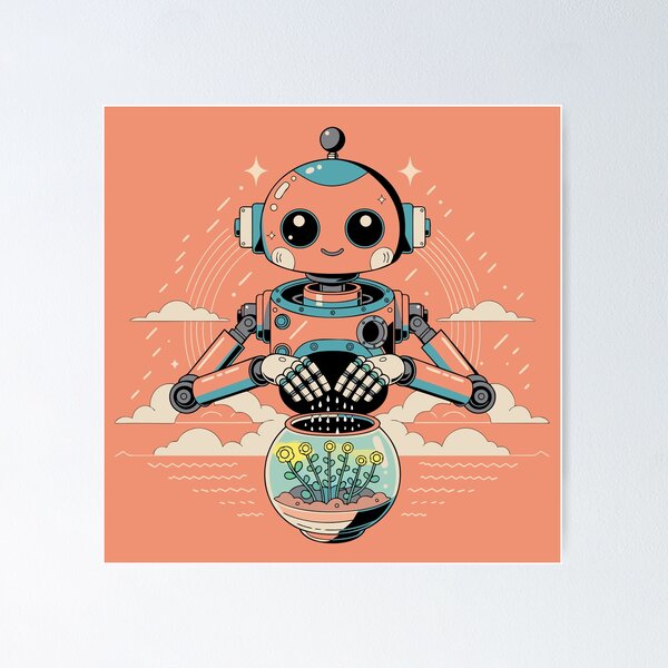 Item preview, Retro Robot Gardener | Cute 80s Vintage Robot with Neon Plants | Futuristic Aesthetic Sticker designed and sold by inkfusionhub99.