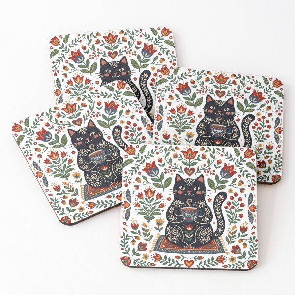 Item preview, Hygge Cat Drinking Tea - Scandinavian Folk Art Cozy Vibe designed and sold by Retro Mood Co.
