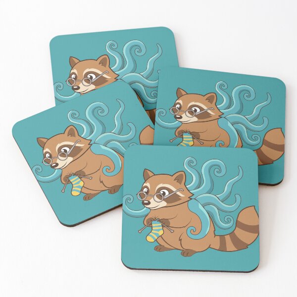 Item preview, Funny Octopus Raccoon Knitting a Sock Cartoon Art designed and sold by MADBULL7.