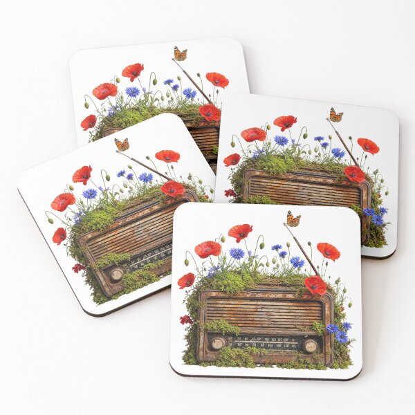 Item preview, Vintage Rusty Radio with Wildflowers – Poppies, Cornflowers and Butterfly Art designed and sold by puzzell.
