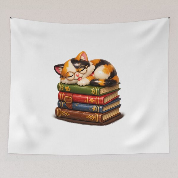 Item preview, Aesthetic 3D Calico Cat Sleeping on Books Bookworm Art designed and sold by MIROUZ2000.