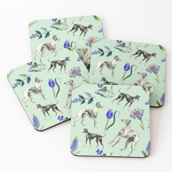Item preview, Greyhound Dogs and Blue Flowers - Vintage Botanical and Animal Illustration Collage on Mint Background designed and sold by CanisArt.