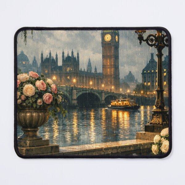 Item preview, Romantic Rainy London Old Money Wallpaper – Elegant Thames Night with Big Ben designed and sold by Ve state official.