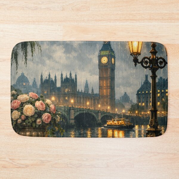 Item preview, Romantic Rainy London Old Money Wallpaper – Elegant Thames Night with Big Ben designed and sold by Ve & Co.