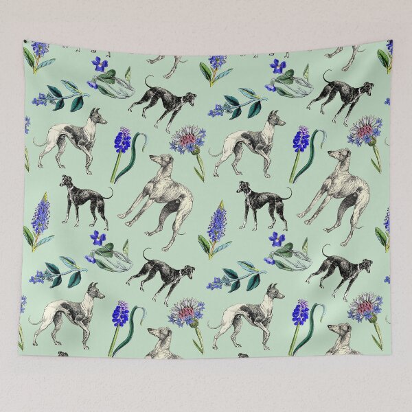 Item preview, Greyhound Dogs and Blue Flowers - Vintage Botanical and Animal Illustration Collage on Mint Background designed and sold by CanisArt.