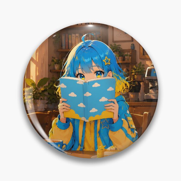 Item preview, Anime girl with blue and yellow hair, reading a book in a cafe (by diwizuli) designed and sold by Diwi Zuli.