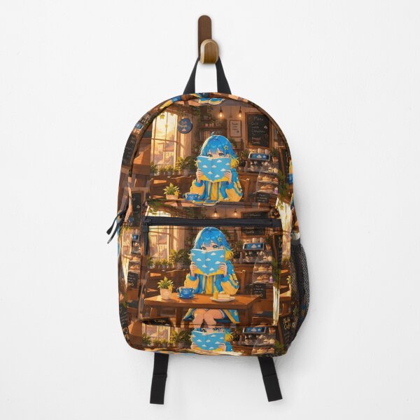Item preview, Anime girl with blue and yellow hair, reading a book in a cafe (by diwizuli) designed and sold by Diwi Zuli.