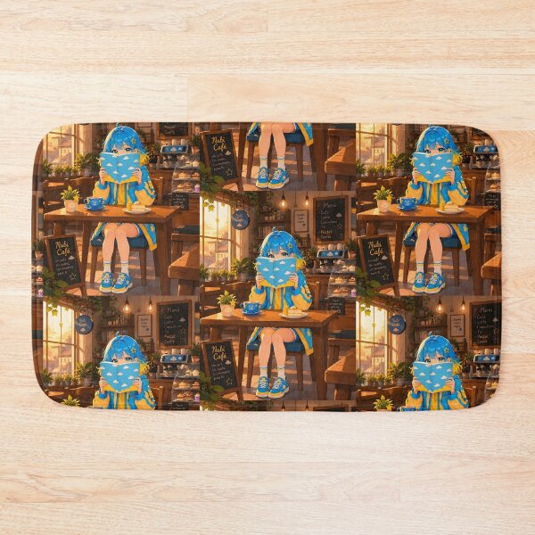 Item preview, Anime girl with blue and yellow hair, reading a book in a cafe (by diwizuli) designed and sold by Diwi Zuli.