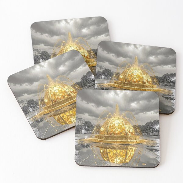 Item preview, Golden Coin Fountain in the Rain – Opulent Luxury Fantasy Art designed and sold by Pioneer Spirit Market.