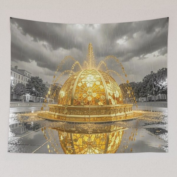 Item preview, Golden Coin Fountain in the Rain – Opulent Luxury Fantasy Art designed and sold by Pioneer Spirit Market.