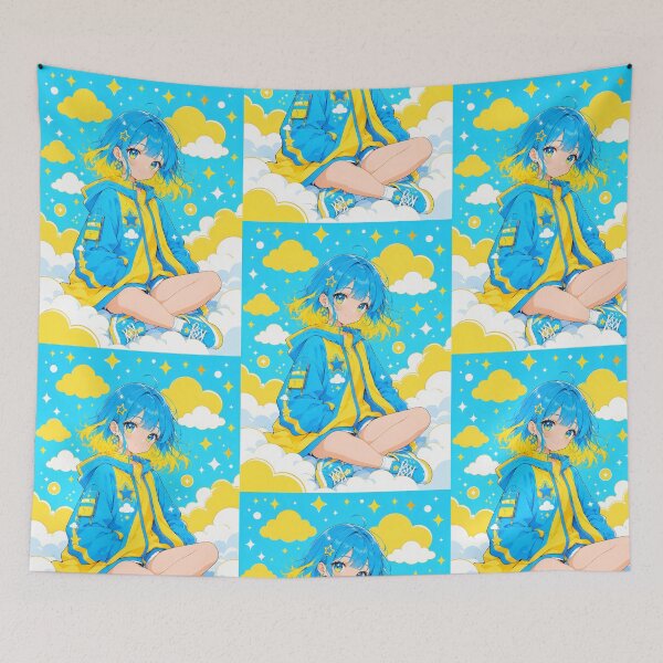 Item preview, Anime girl with blue and yellow hair, sitting among clouds (by diwizuli) designed and sold by Diwi Zuli.