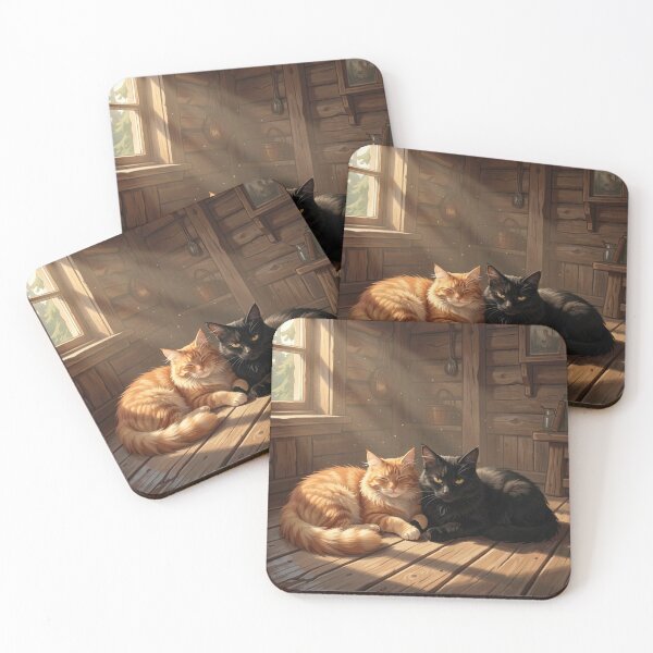 Item preview, Cozy Orange and Black Cats in Sunny Log Cabin – Warm Cat Art designed and sold by Pioneer Spirit Market.