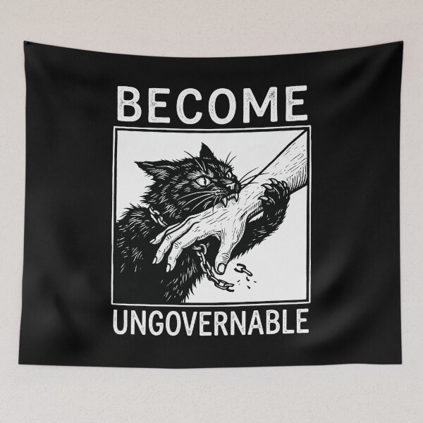 Item preview, Become Ungovernable Black Cat Biting Hand Punk Woodcut Meme designed and sold by rediscoveredapp.
