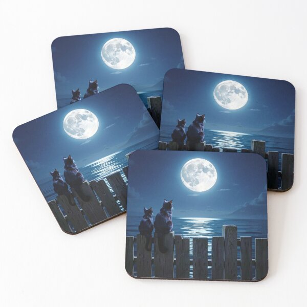 Item preview, Two Black Cats Moonlit Night by the Sea – Mystical Cat Art designed and sold by Pioneer Spirit Market.