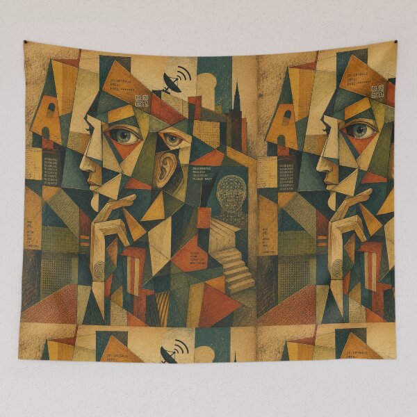 Item preview, Fragmented Identity: Cyber Cubism of Digital Consciousness | Vintage Retro Futurism Art Print designed and sold by Wahbastore.
