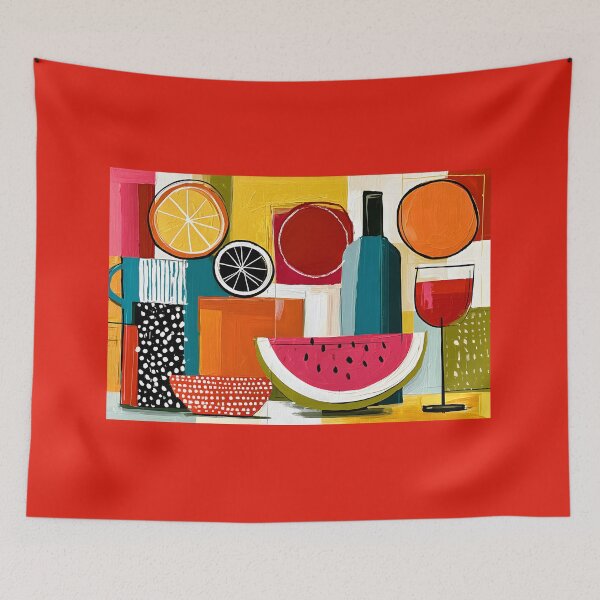 Item preview, Fruit and Wine in Geometric Harmony - Vibrant Still Life with Bold Contemporary Color designed and sold by OlfactoART Studio.