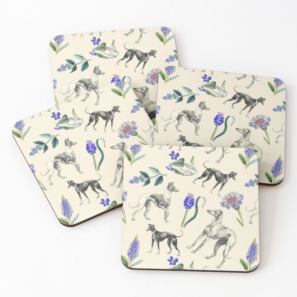 Item preview, Greyhound Dogs and Blue Flowers - Vintage Botanical and Animal Illustration Collage on Ecru Background designed and sold by CanisArt.