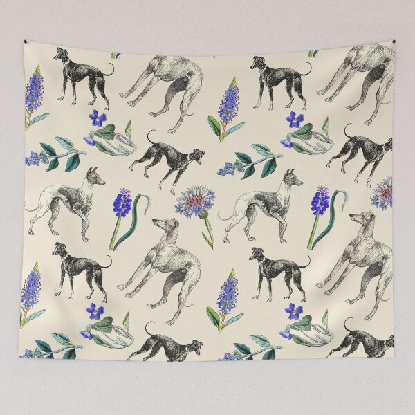 Item preview, Greyhound Dogs and Blue Flowers - Vintage Botanical and Animal Illustration Collage on Ecru Background designed and sold by CanisArt.