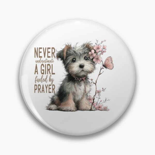 Item preview, Never Underestimate a Girl Fueled by Prayer Yorkie Pup sitting by a cherry blossom and a butterfly soft watercolor design designed and sold by Lori Richardson.