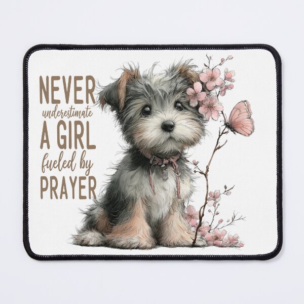 Item preview, Never Underestimate a Girl Fueled by Prayer Yorkie Pup sitting by a cherry blossom and a butterfly soft watercolor design designed and sold by Lori Richardson.