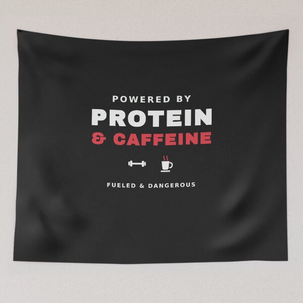 Item preview, Powered By Protein & Caffeine — Funny Gym Coffee Workout Tee (White Print) designed and sold by UrbanPrintVibes.