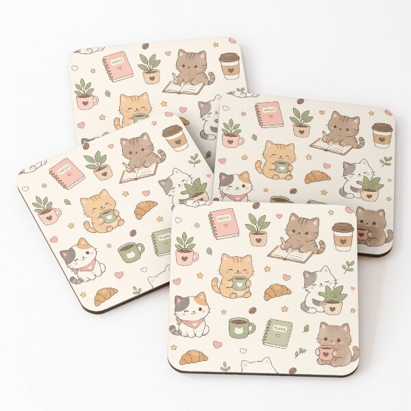 Item preview, Cozy Cat Coffee Break Kawaii Pattern designed and sold by Soft Berry Studio.