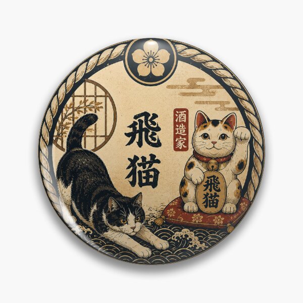 Item preview, Hi-Neko – Lucky Cat & Mischief Cat Japanese Circle Badge | Ukiyo-e Maneki-neko Art Print | TSUKIYO-NEKO designed and sold by Aguri-tei.
