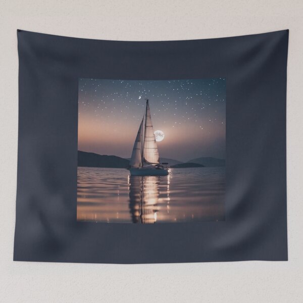 Item preview, Sailboat Night Ocean Big Full Moon Starry Sky Art designed and sold by UmSkelig834.