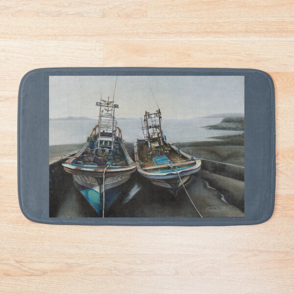 Item preview, Two Fishing Boats at Anchor, Quiet Harbor Scene designed and sold by HaedamArt.