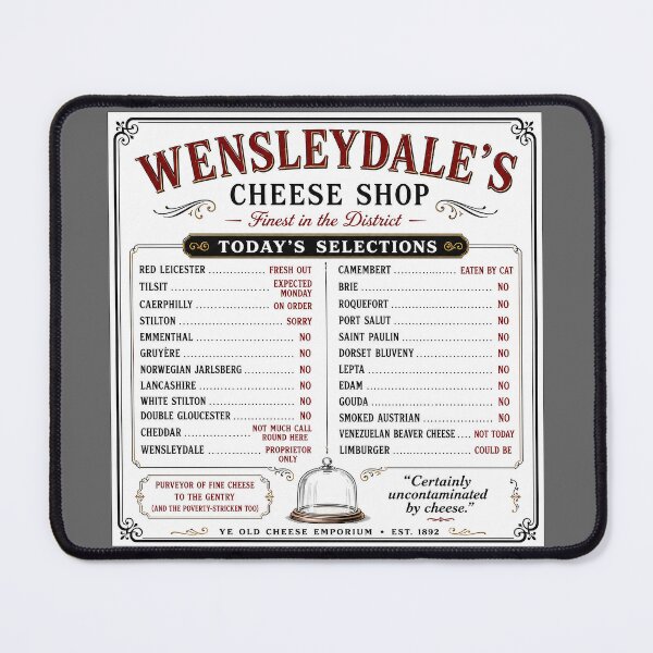 Item preview, Wensleydale’s Cheese Shop | Vintage British Cheese Menu Sign | Retro Monty Python Inspired Humor Tee designed and sold by DiamondSkyShirt.