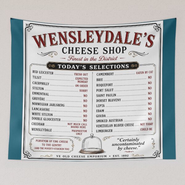 Item preview, Wensleydale’s Cheese Shop | Vintage British Cheese Menu Sign | Retro Monty Python Inspired Humor Tee designed and sold by DiamondSkyShirt.
