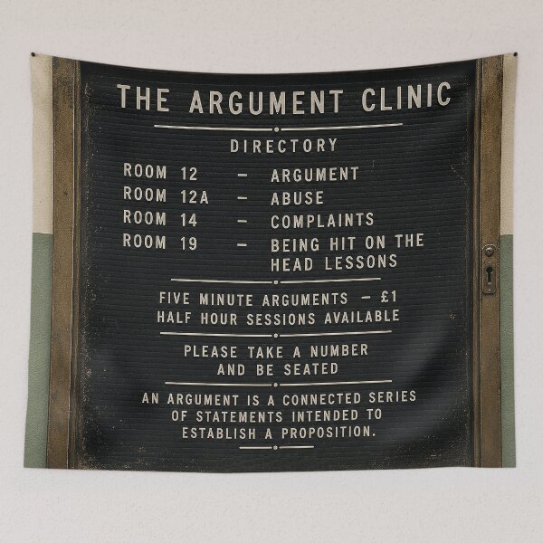 Item preview, The Argument Clinic Directory | Vintage British Office Sign | Retro Monty Python Inspired Humor Tee designed and sold by DiamondSkyShirt.