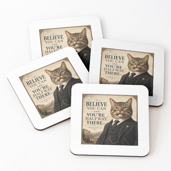 Item preview, Theodore Roosevelt inspired motivational cat quote design – “Believe you can and you’re halfway there” vintage presidential illustration designed and sold by Donsean22.