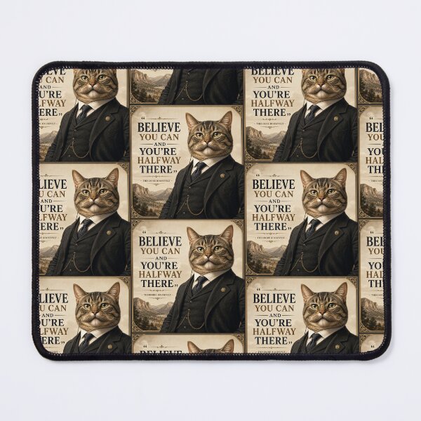 Item preview, Theodore Roosevelt inspired motivational cat quote design – “Believe you can and you’re halfway there” vintage presidential illustration designed and sold by Donsean22.