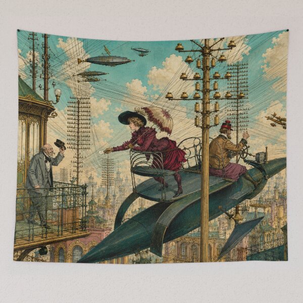 Item preview, La Vie Électrique (Electric Life) by French artist Albert Robida - Steampunk Art Nouveau Flying Cityscape Print for Retro Futurism Fans  designed and sold by RickE.
