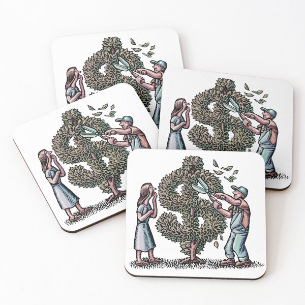 Item preview, man in overalls trims bush into the shape of a dollar sign as woman looks on designed and sold by LisaHaney.
