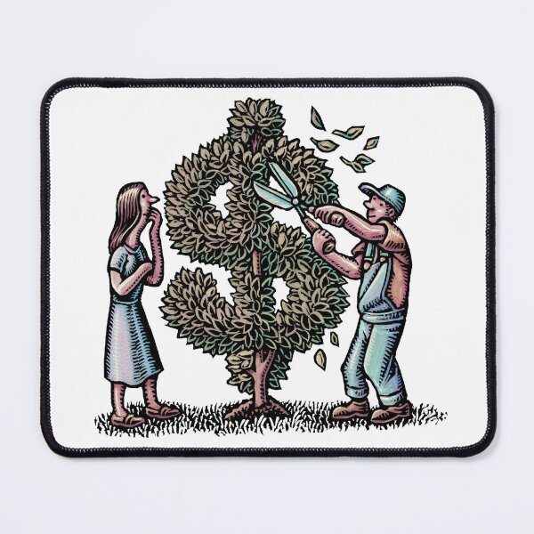 Item preview, man in overalls trims bush into the shape of a dollar sign as woman looks on designed and sold by LisaHaney.