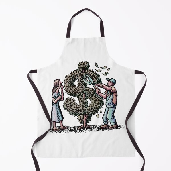 Item preview, man in overalls trims bush into the shape of a dollar sign as woman looks on designed and sold by LisaHaney.