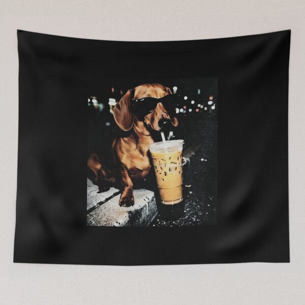 Item preview, Funny Dachshund Drinking Iced Coffee Office Meme designed and sold by PayneLaurie.