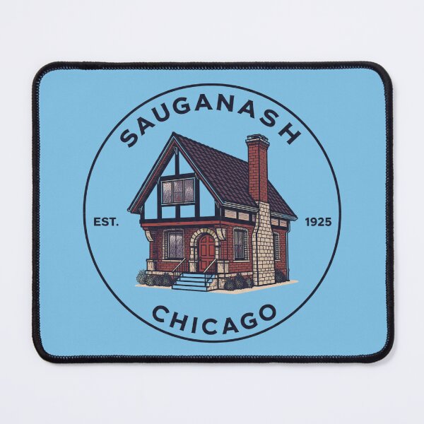 Item preview, Sauganash Chicago bungalow logo with vintage brick house designed and sold by Rue Design Company.