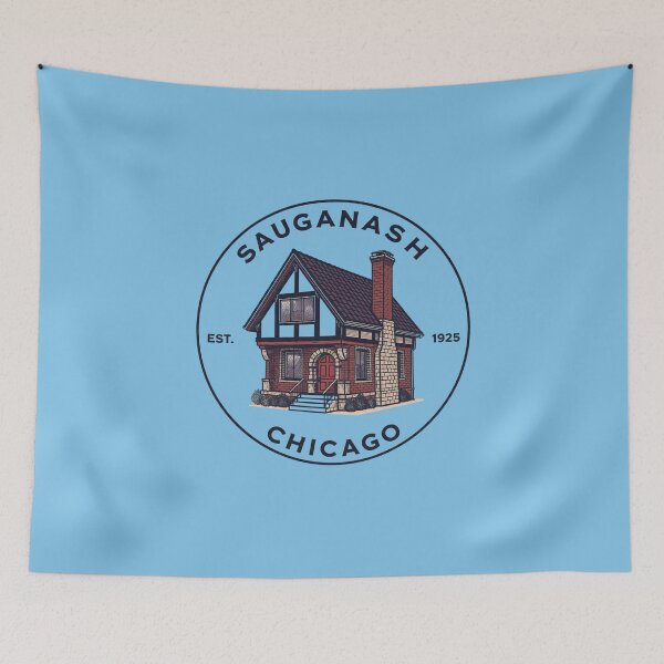 Item preview, Sauganash Chicago bungalow logo with vintage brick house designed and sold by Rue Market.